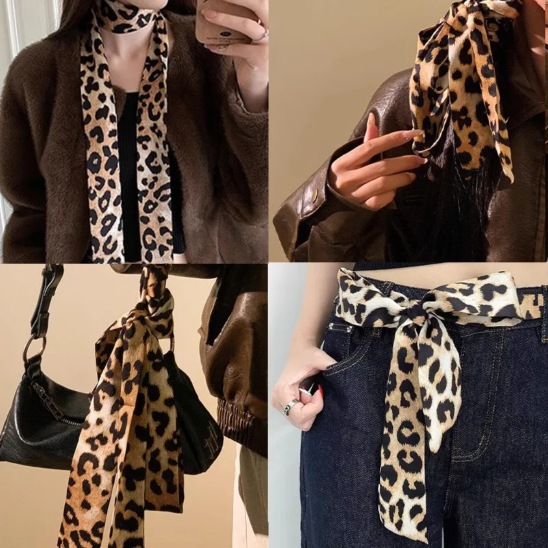 Retro Leopard Print Scarf for Women Clothing Ribbons Y2K Narrow Long Scarfs Belt Bowknot Hair Accessories Bags Handle Decoration