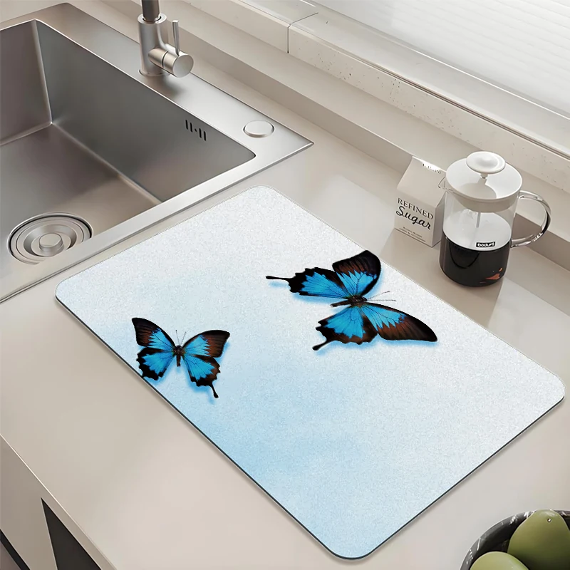 

Light Blue Double Butterfly Kitchen Drying Mat - Absorbent Non-Slip Quick Dry Pad for Sink Countertop