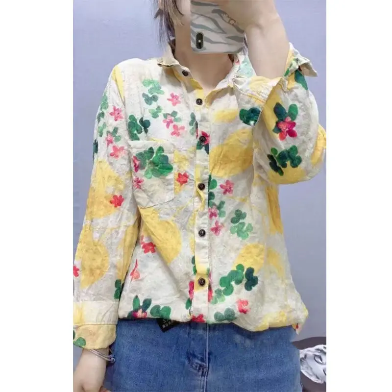 Korean Commute Spring Autumn New Cotton Blouses Women Spliced Pocket Polo Collar Printed Loose Long Sleeve Single-breasted Shirt