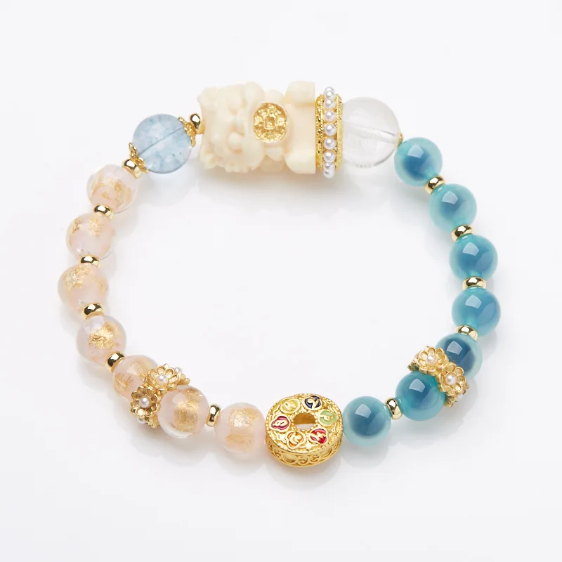 

Lucky Baobao Long Bracelet Natural Blue Sugar Heart Agate Gold Foil Incense Ash Liuli Two Tone for Men Women Spiritual Wholesale