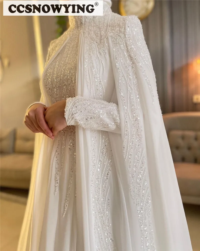 Elegante Chiffon Kralen Lovertjes Trouwjurken Voor Bruid Met Cape Lange Mouw Islamitische Bruidsjurk Arabic Dubai Robe De Mariée