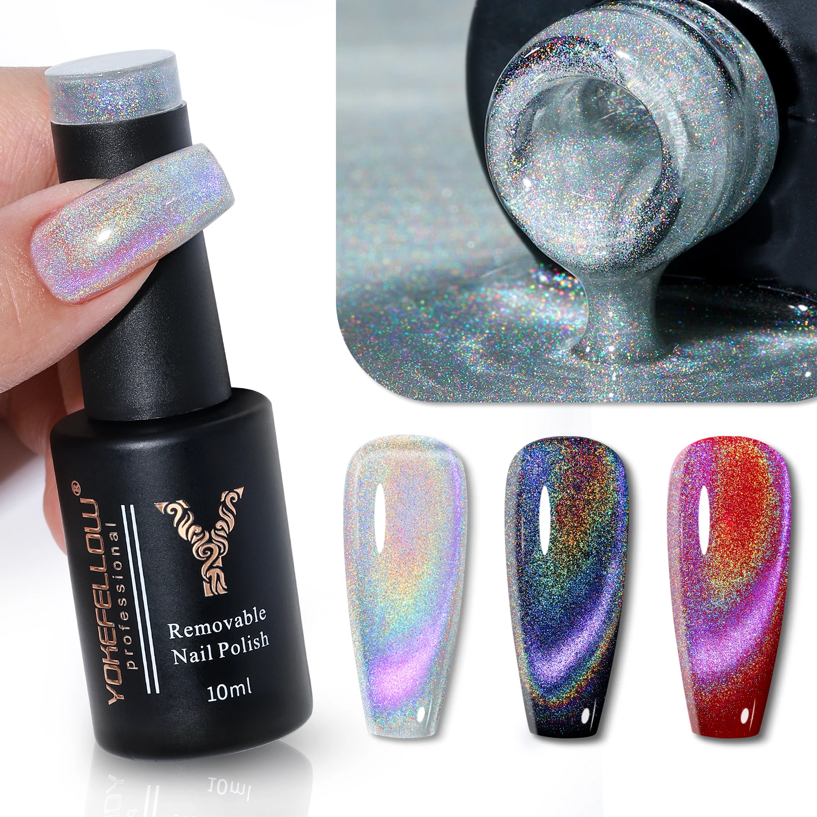 YOKEFELLOW 2023New Holographic Shimmers Cat Eyes Magnetic Gel Nail Polish RC01 Mix by Clear Basegel Semi permanent Gel Varnishes