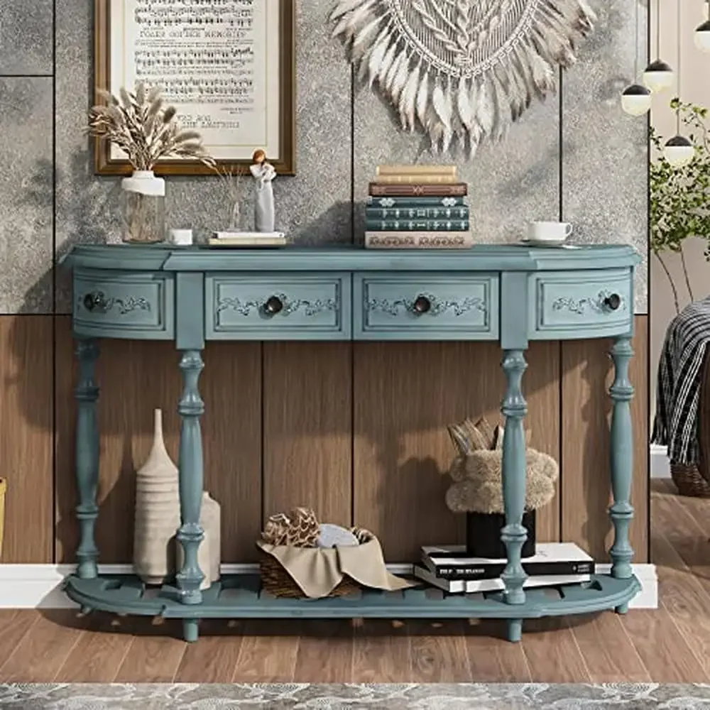 Narrow Farmhouse Console Table with 4 Drawers and Shelf Rustic Entryway Sofa Table Hallway and Living Room Simple Design