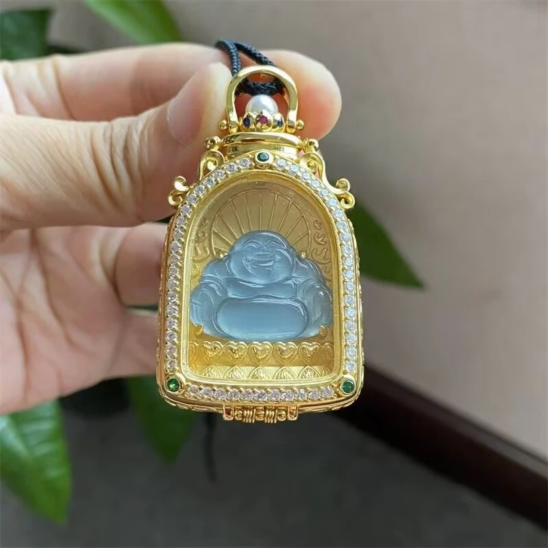 Natural jadeite Maitreya Buddha pendant necklace with luxurious copper inlay, available for wholesale