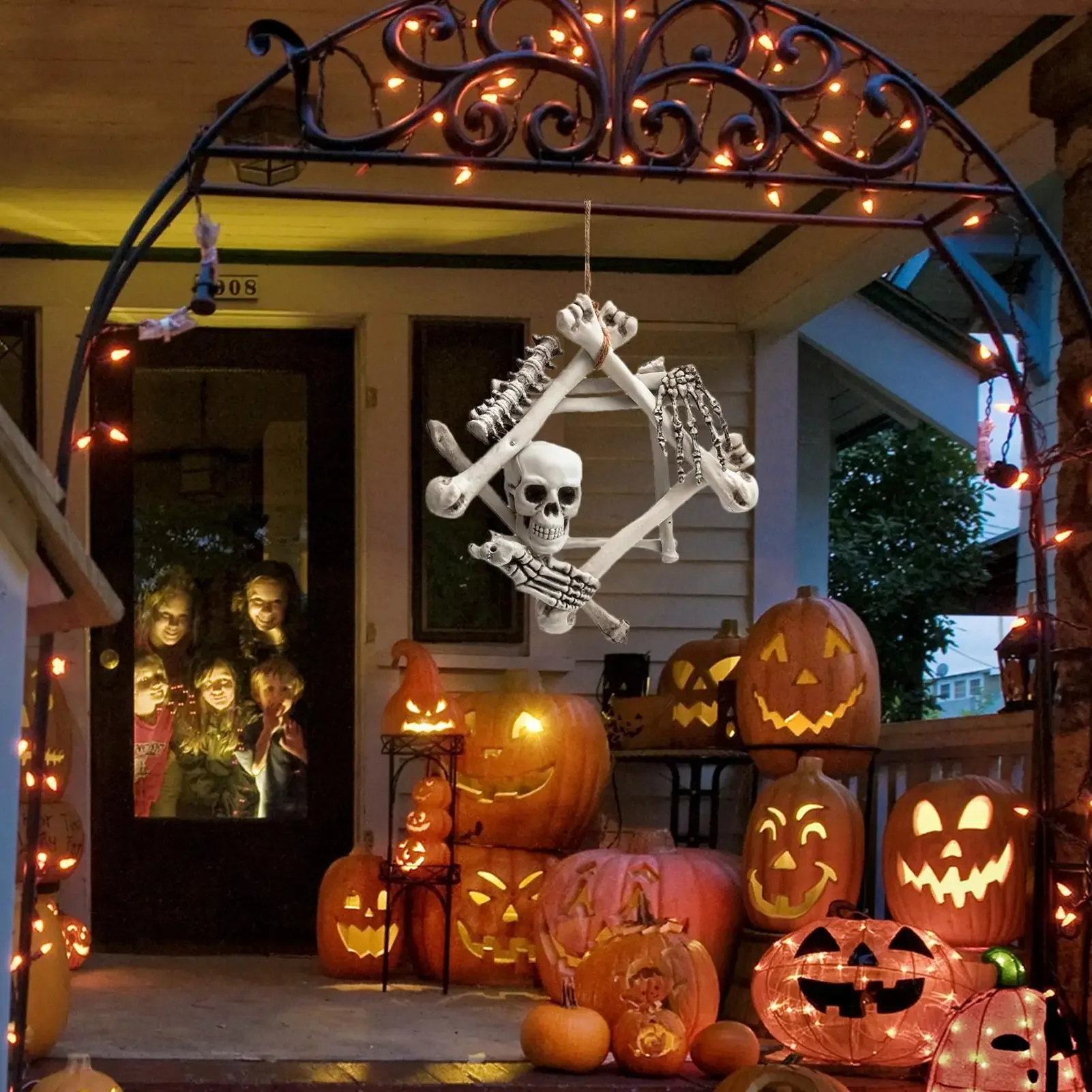 Skeleton Wreath Halloween Skeleton Front Door Ornament Gothic Skull Wreath For Indoor Outdoor Party Haunted House Entryway Porch