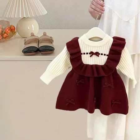 Spring Autumn Children Girls Dress Patchwork Bow Contrast Kids Girls Frock Round Collar Long Sleeves Toddler Girls Knitted Dress