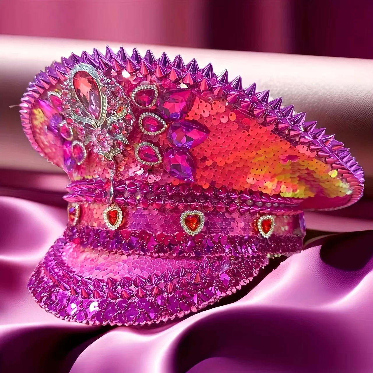 HongLuan Gelber Laser-Leder-Loop-Kapitänshut mit Strasssteinen und Militärkappen für Damen, Rave-Festivals-Accessoires und Partymütze für Herren