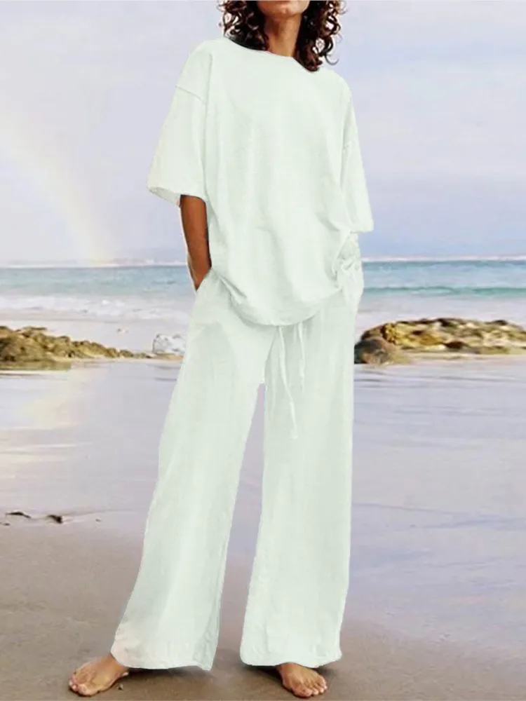 

Summer Women's Fashion Casual Pocket Set Simple Solid Color Short-sleeved O-collar Top Wide-leg Pants Commuting Two-piece Sets