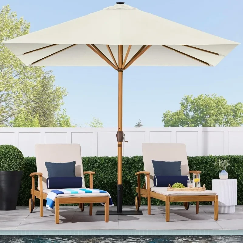 Deep Square Solar Powered LED Lighted Patio Umbrella w/Faux Wood Texture, UV-Resistant Fabric, Hand Crank