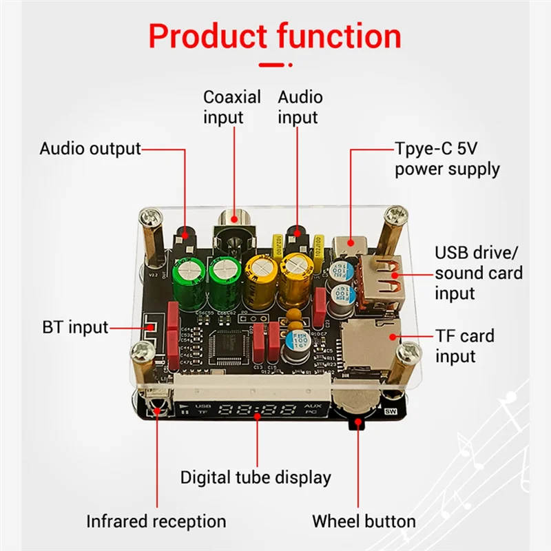 

ABXF-ZK-DAM K1 DSP Тюнинг-предусилитель Bluetooth-декодер Плата неразрушающей лихорадки U-диск Коаксиальная звуковая карта Плата декодирования TF