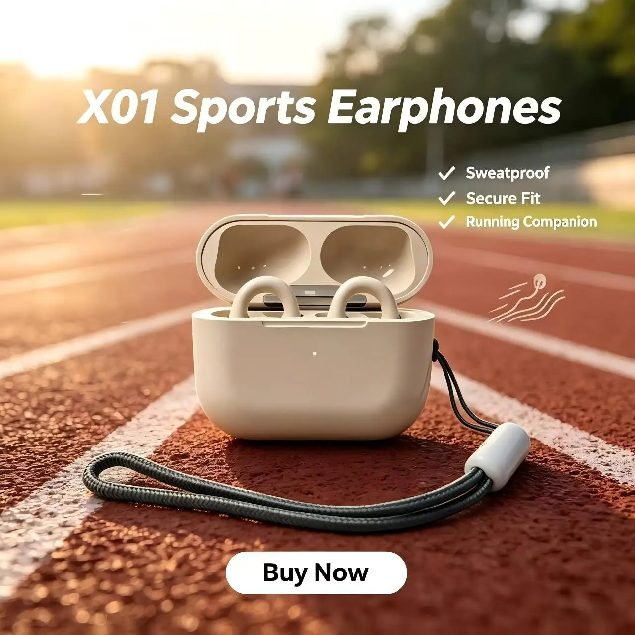 X01 Minimalist Beige Open Ear Wireless Headphones, Portable Charging Case with Anti-drop Rope, Ergonomic Comfort Fit Bluetooth E