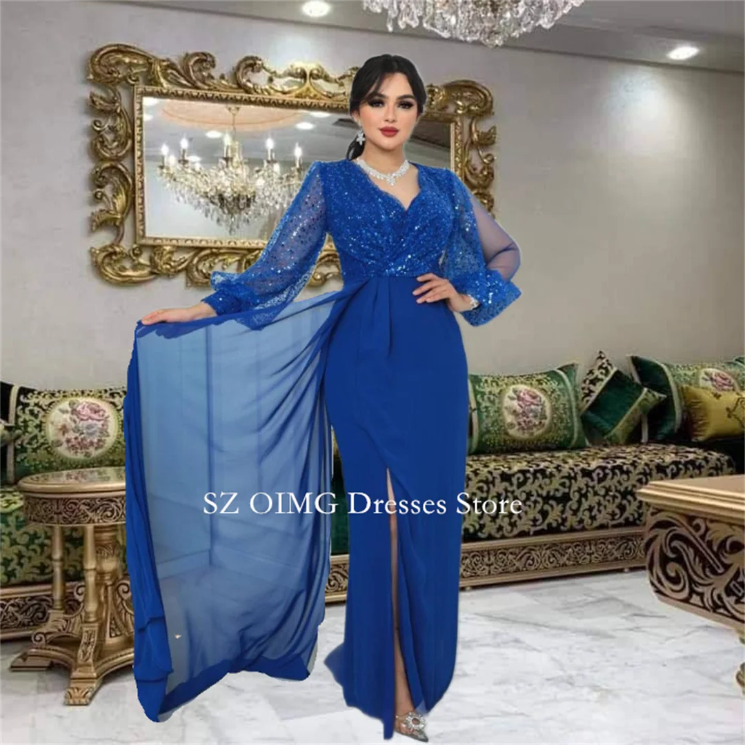 

OIMG Dubai Mordern Muslim Prom Dresses Sequined Puff Sleeves Evening Dress Blue Slit Women Evening Gowns Formal Slit Party Dress