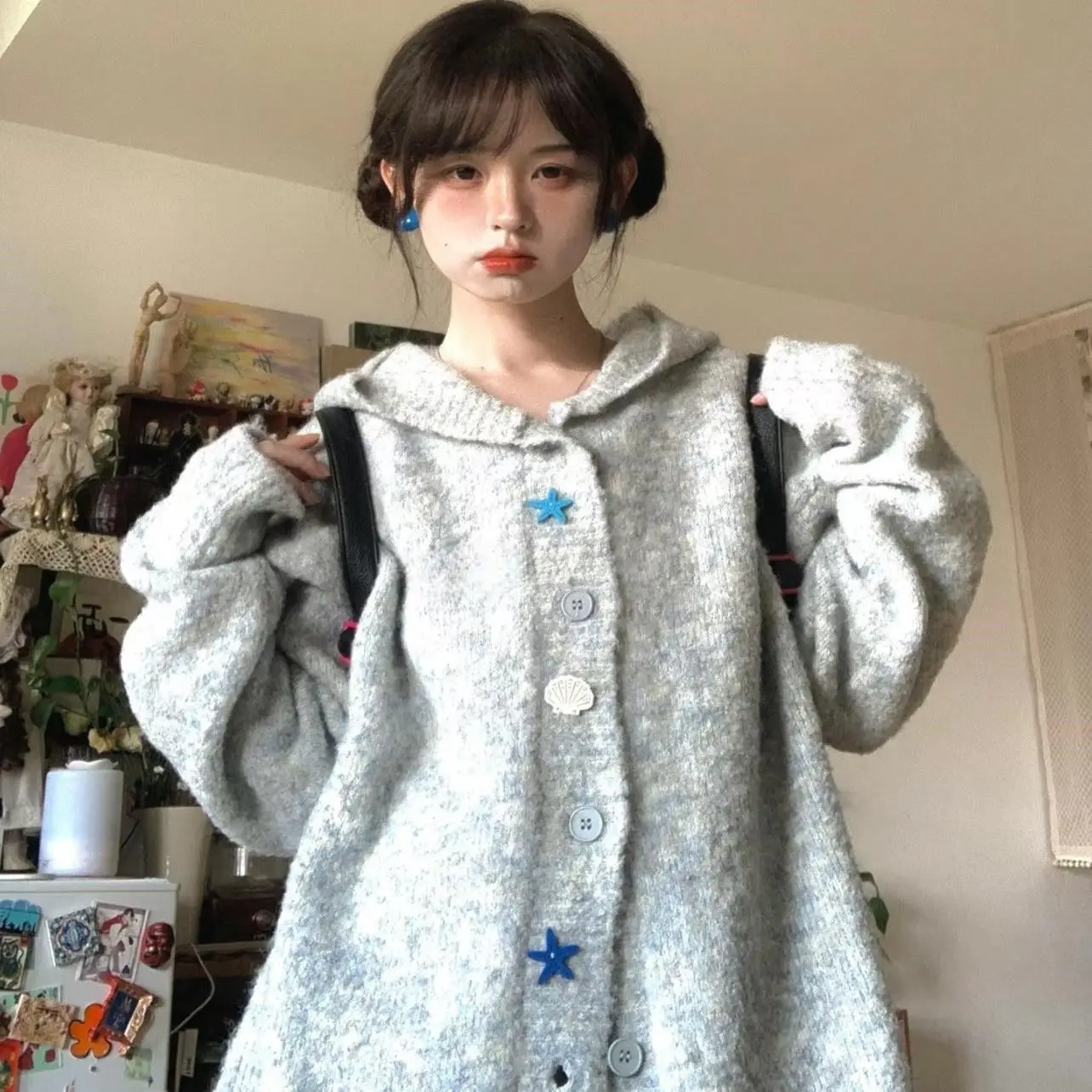 

Retro College Style Hooded Knitted Sweater Women's Cardigan Autumn Winter New Loose Jacket Sueter Casual Japanese Kawaii