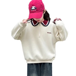 New Fashion Child Polo Sweatshirt with Zipper For Girls Long Sleeve Turn Down Collar T-shirt Kids Spring Autumn Cotton Outerwear