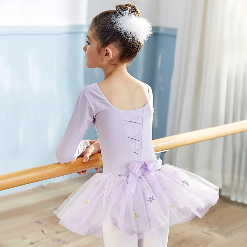 

B65Dance dress Children's purple training dress girls long sleeve dance dress Peng Peng skirt