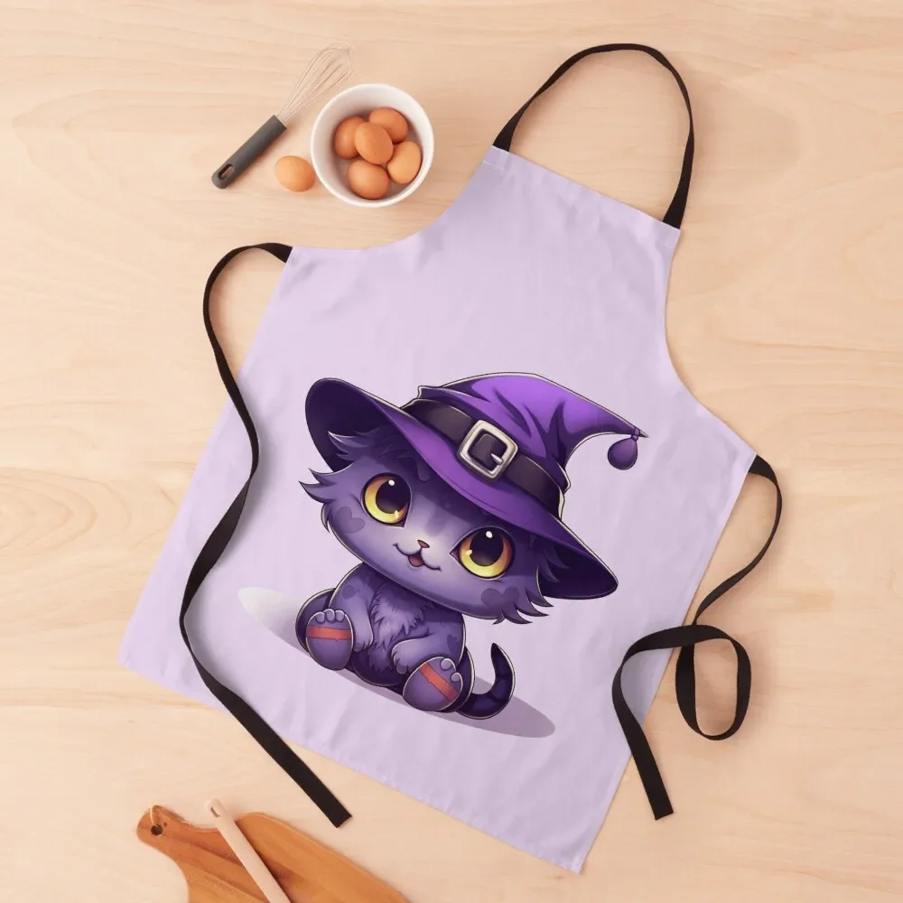 

Kawaii Halloween Purple Cat in Witch Hat Apron professional kitchen For Man Kitchen Front Camping Apron