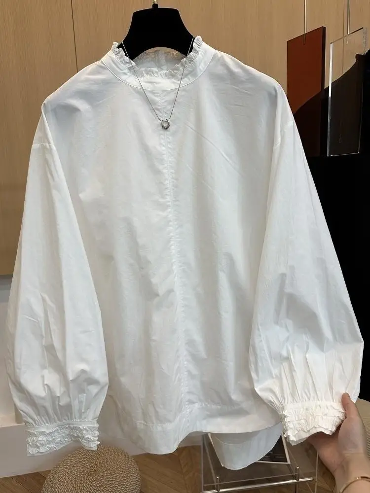 

Korean Chic Stand Collar Lantern Sleeve Shirt Casual Loose Design Lazy Shirt Folded Women's Button Up Cotton Blend Shirt