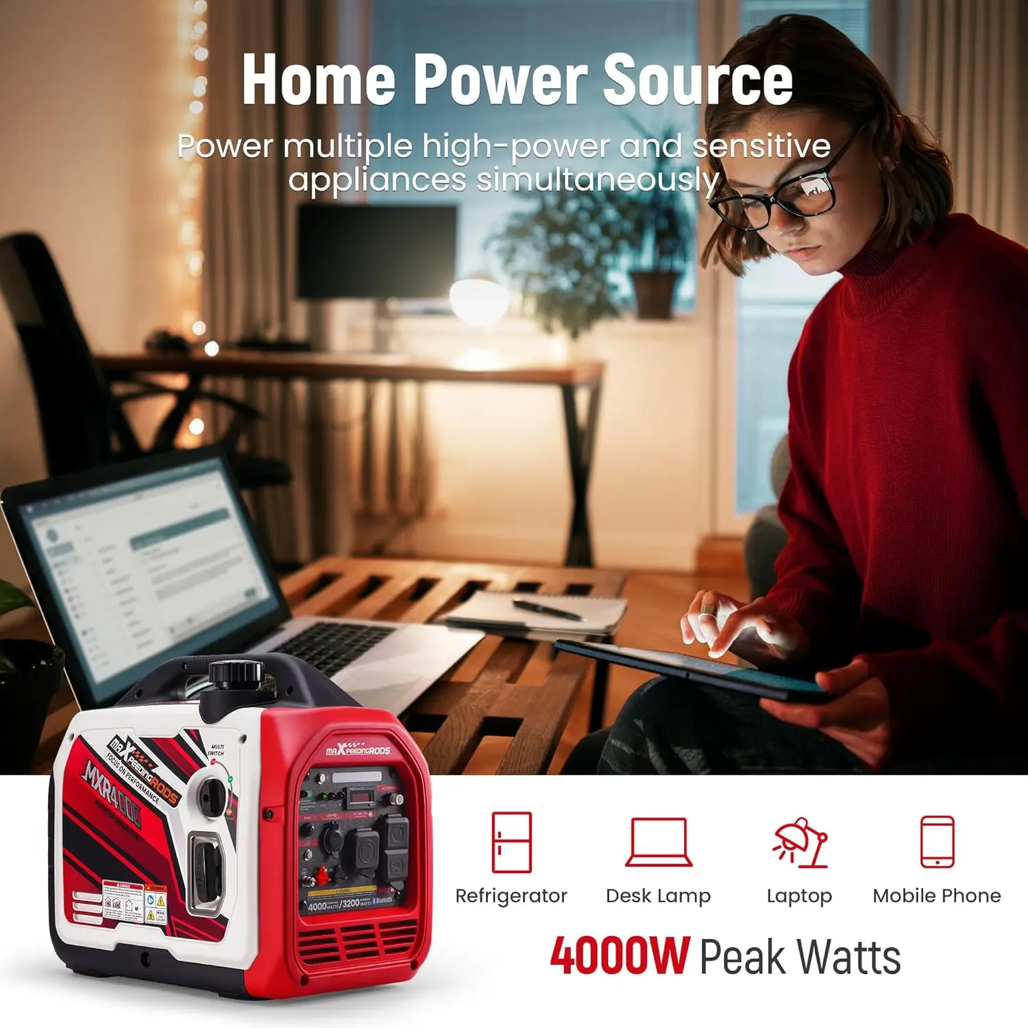 4000 Watt Inverter Generator Portable with CO Alarm, RV Ready, Gas Powered Generator, App Remote Data Monitor