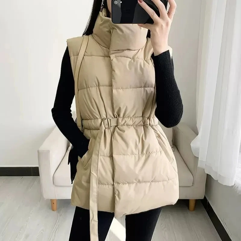 New autumn and winter down jacket pure color tie up waist stand collar sleeveless down jacket vest for women