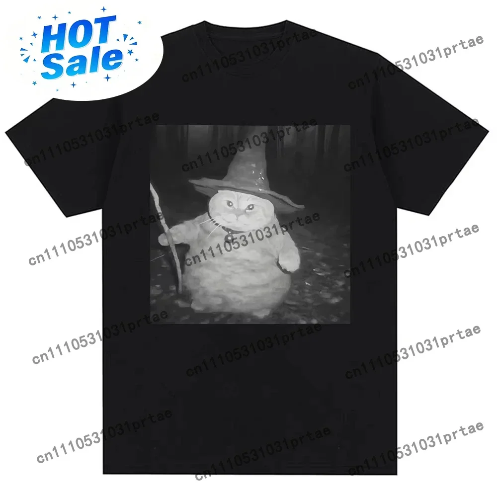 Fat Wizard Cat Funny Meme Graphic T Shirts Trend Humor Joke Novelty Men Women Short Sleeve Oversized Cotton Vintage Male Black