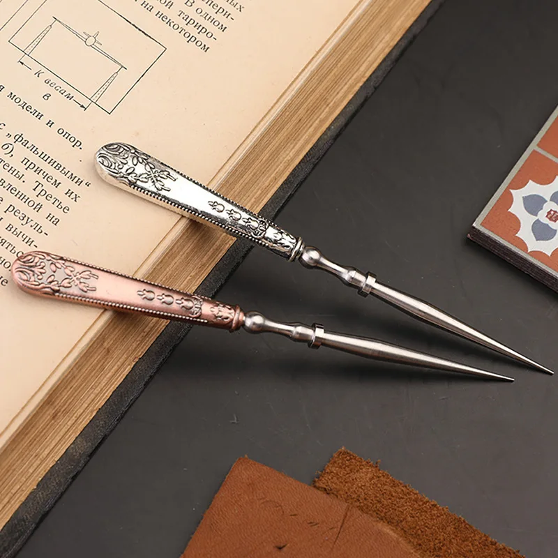 Vintage Leather Punch Hole Awl Tool Retro Round Hole Bronze Silver Awl 12cm Hand Stitch Tool for DIY Embroidery Sewing Craft