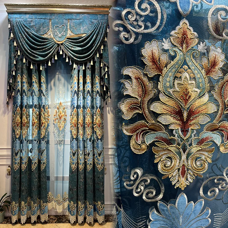 

Custom luxury palace high-grade atmosphere hollow embroidery Chenille blue cloth blackout curtain tulle valance drape C1129