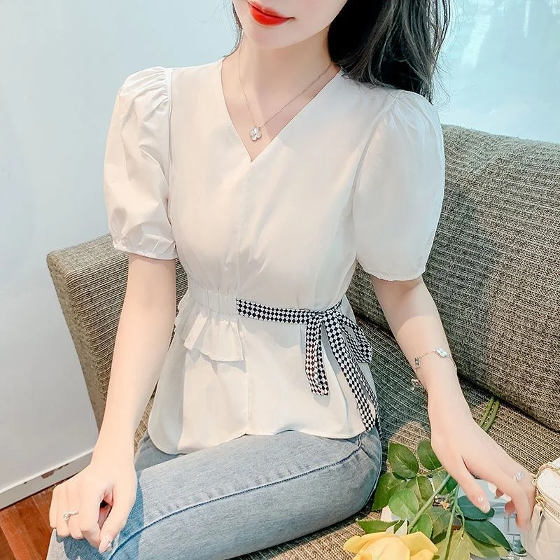 Woman Spring Autumn Style Blouses Shirts Lady Casual Short Sleeve V-Neck Solid Color Blusas Tops G2673