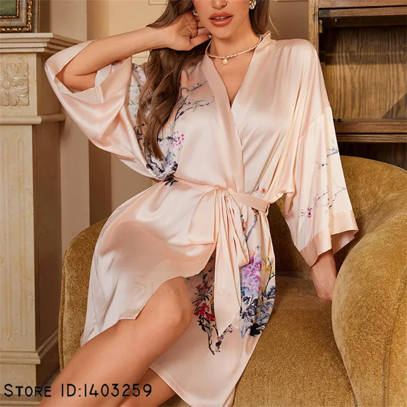 Purple Print Flower Robe Nightgown Female Sleepwear Spring Summer Kimono Bathrobe Gown Sexy Casual Satin Home Wear Lingerie