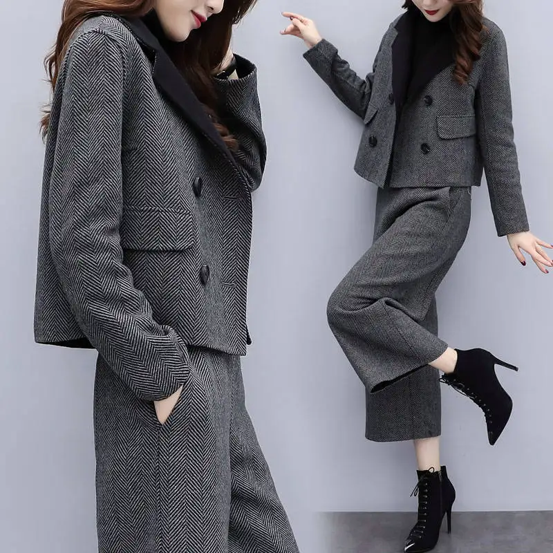 

Women Blazer Pants Suit Fashion Commuter Double-breasted Tweed Jacket Elastic Waist Loose Wide-legged Trousers 2pcs Matching Set