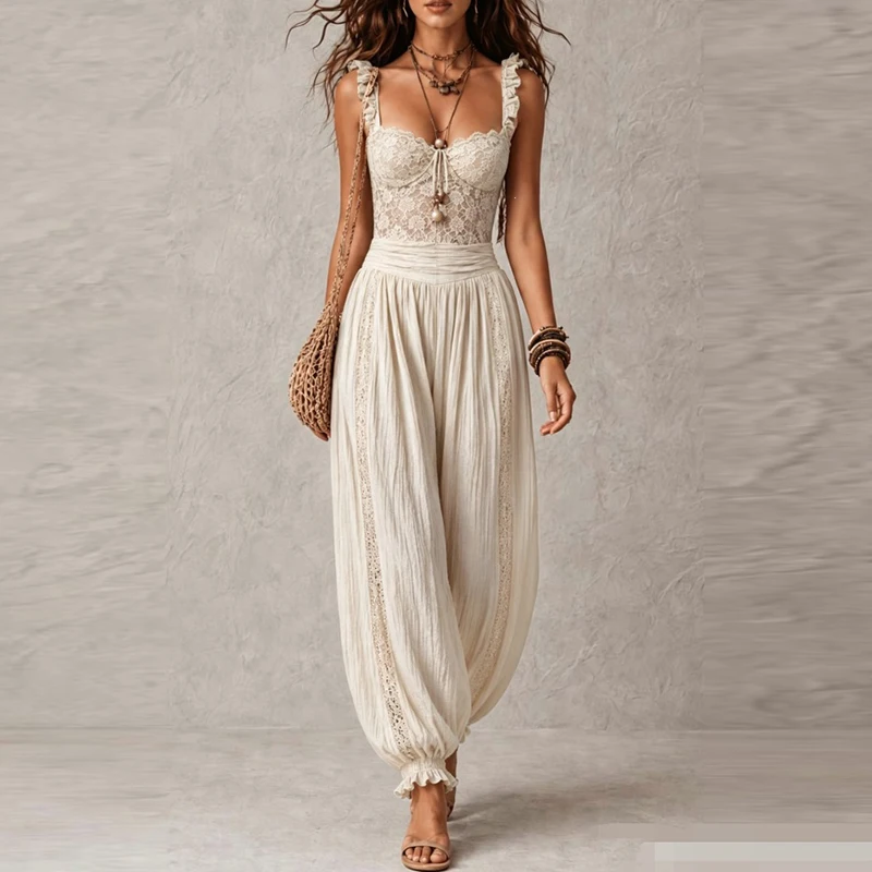 Women Elegant Ruffle Waist Solid Playsuit Overalls Casual Sleeveless Long Romper Sexy V-neck Lace Trim Spaghetti Strap Jumpsuits view 3