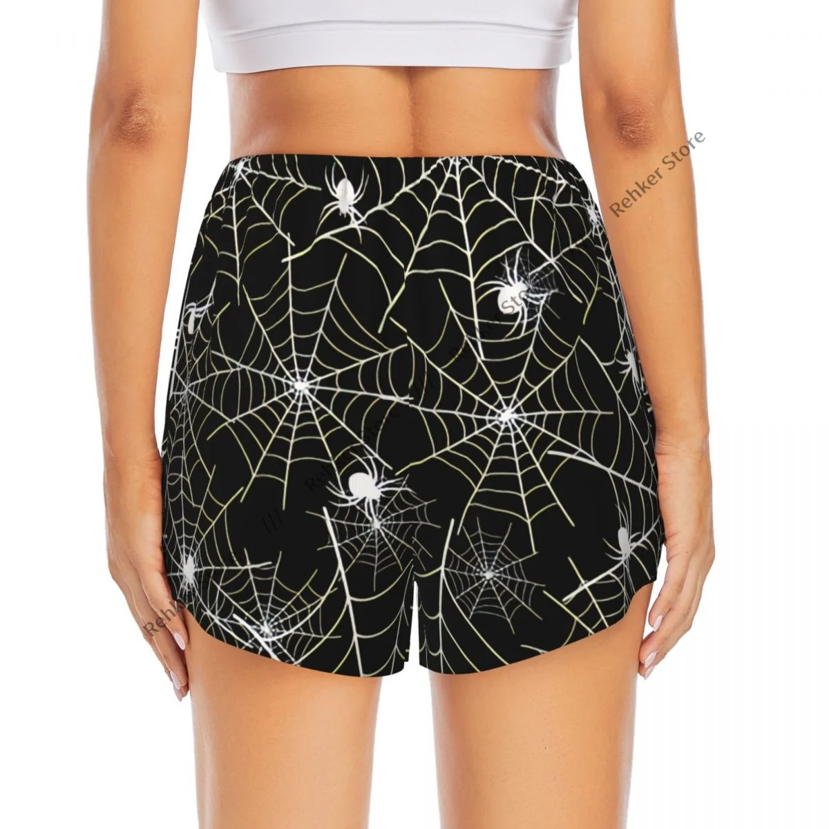 Calções esportivos femininos teia de aranha com aranhas halloween correndo yoga fitness treinamento de badminton de secagem rápida com bolso
