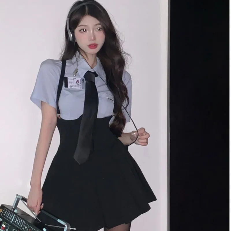 College style Blue JK uniform Girl Short sleeve shirt pleated skirt set summer slip dress set School uniform cos costume Outfits