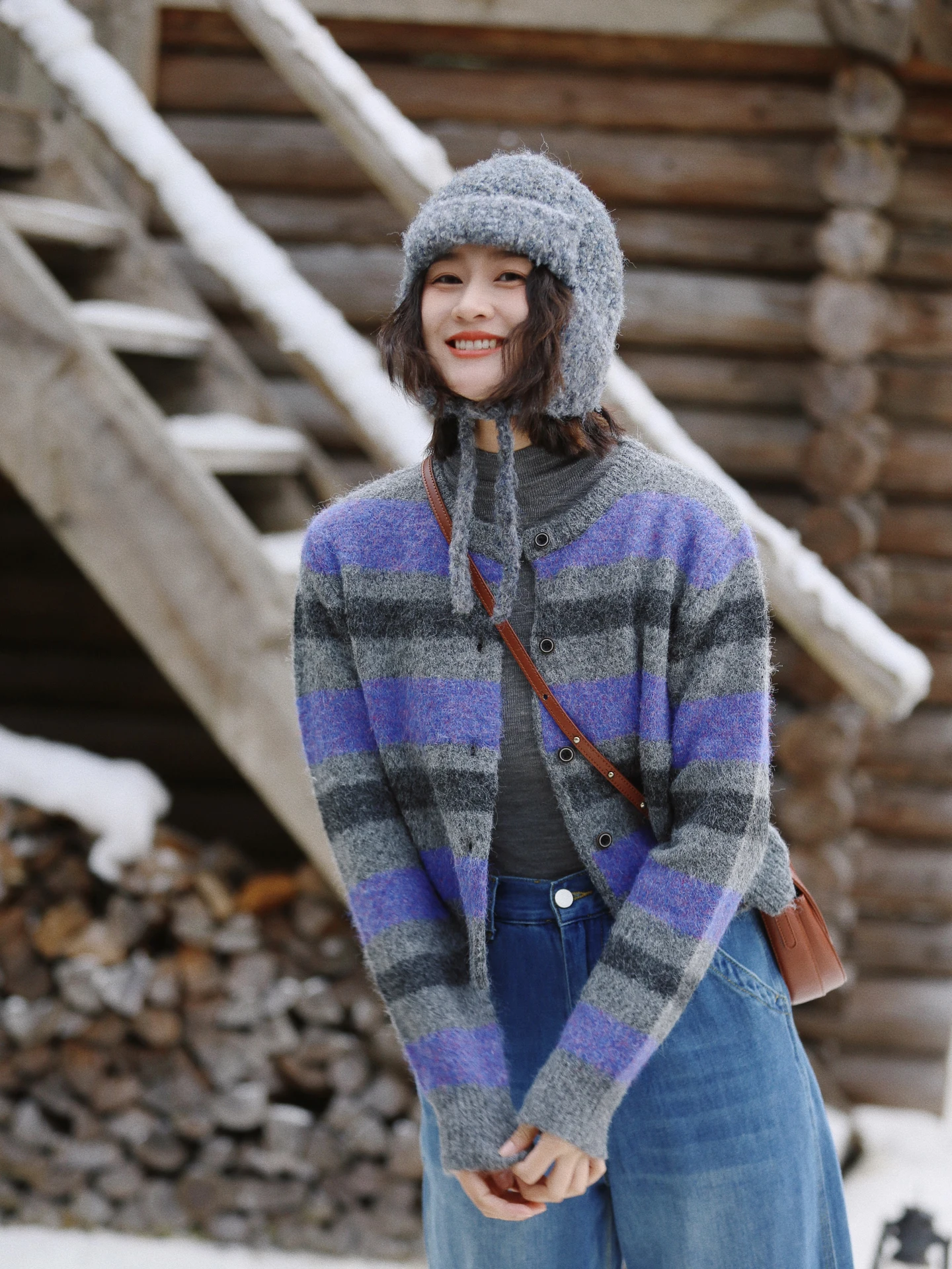 

Hua Ji C033 Women's Loose Fit round Ne ort Open Cardigan Vintage Striped Knitted Sweater ey Purple Autumn Winter New Ar...