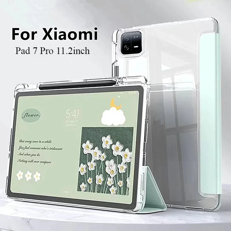 

Для Xiaomi Pad 7 Pro 2024 11,2 дюйма, тройное сложение с держателем для карандашей, магнитные чехлы для планшетов для Xiaomi Pad 7, прозрачный кожаный чехол