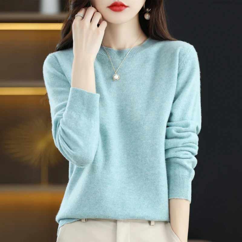 100% pura lã de cashmere camisola das mulheres O-pescoço pullover casual malha top outono e inverno das mulheres casaco coreano moda