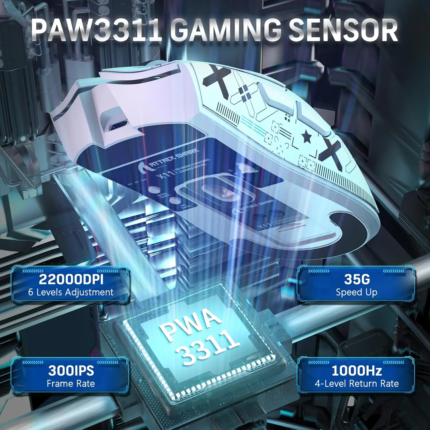 ماوس ألعاب ATTACK SHARK X11 مع قاعدة شحن مغناطيسية، مستشعر ألعاب PAW3311، 22000 نقطة في البوصة