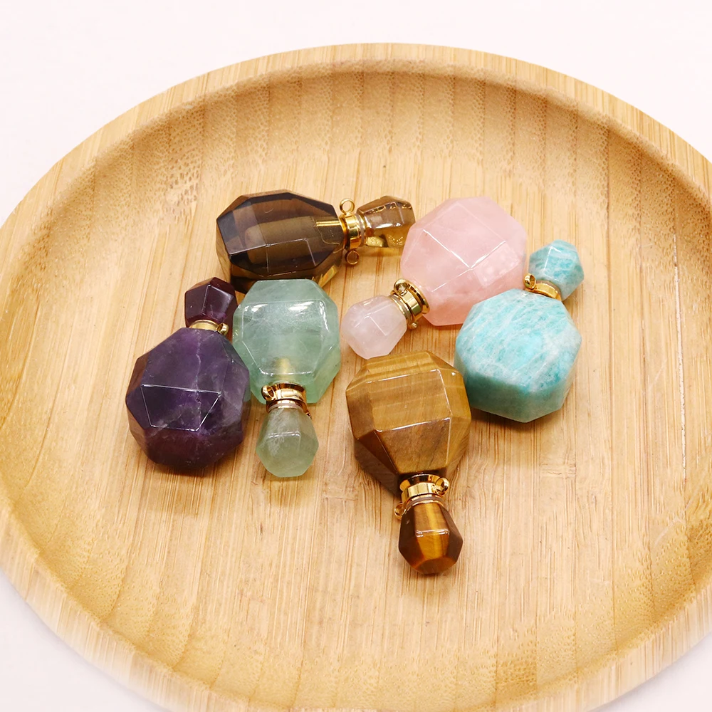 

Natural Stone Perfume Bottle Double-Hole Pendant Faceted Rose Quartz Amazonite Essential Oil Diffuser Charm Jewelry Accessory