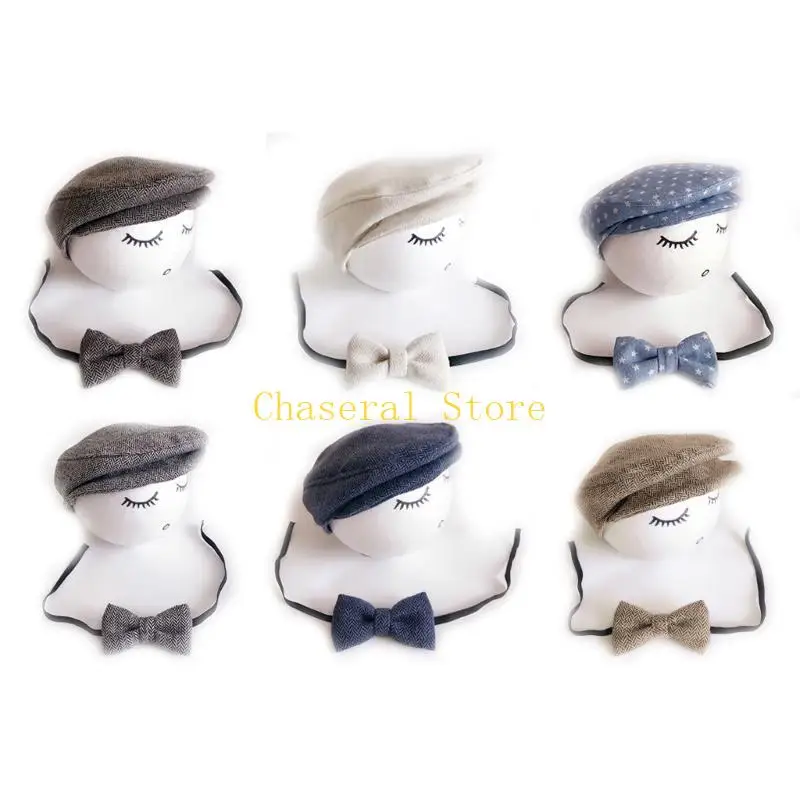 E7CE Baby Newborn Peaked Bow Tie Newborn Baby Boy Beanie Cap Photography Props Outfit Cotton Hat Gatsby Hat Hat