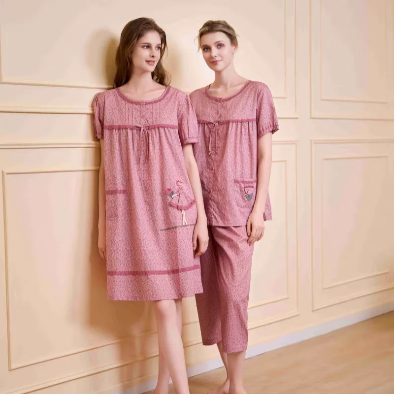 michael-jiang-2025-summer-women's-ort-sve-floral-print-cotton-woven-eighteen-pants-nightgown-round-ne-home-clothes-set