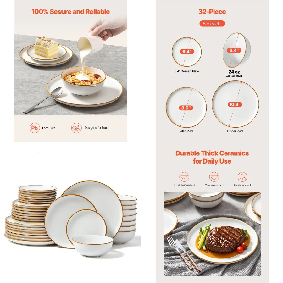 

32 PCS Dinnerware Set ramic Plates and Bowls Sets Servi for 8 White