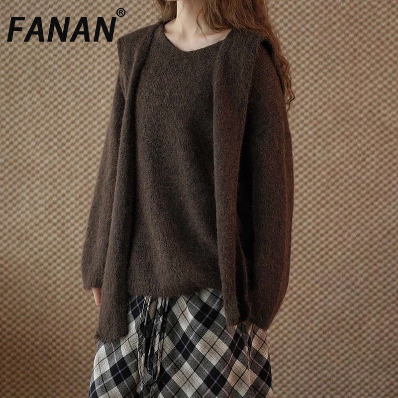 FANAN 2025 Winter New Thick Warm Knitting Pullover Sweater For Women Shawl Design Loose Tops Office Lady Clothing Fashion