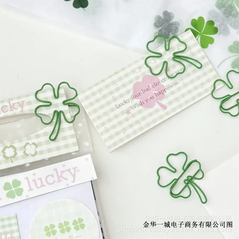 10Pcs Cute INS Green Four-leaf Clover Paperclips Lovely Girl Scrapbook Decor Binder Clip Office Document Bill  Binding Supplies