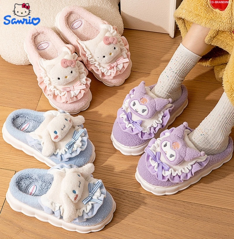 Sanrio Hello Kitty Kuromi Slippers Cute Cinnamoroll Cotton Fuzzy Slippers My Melody Women\'s Winter Velvet Warm Home Shoes Gifts