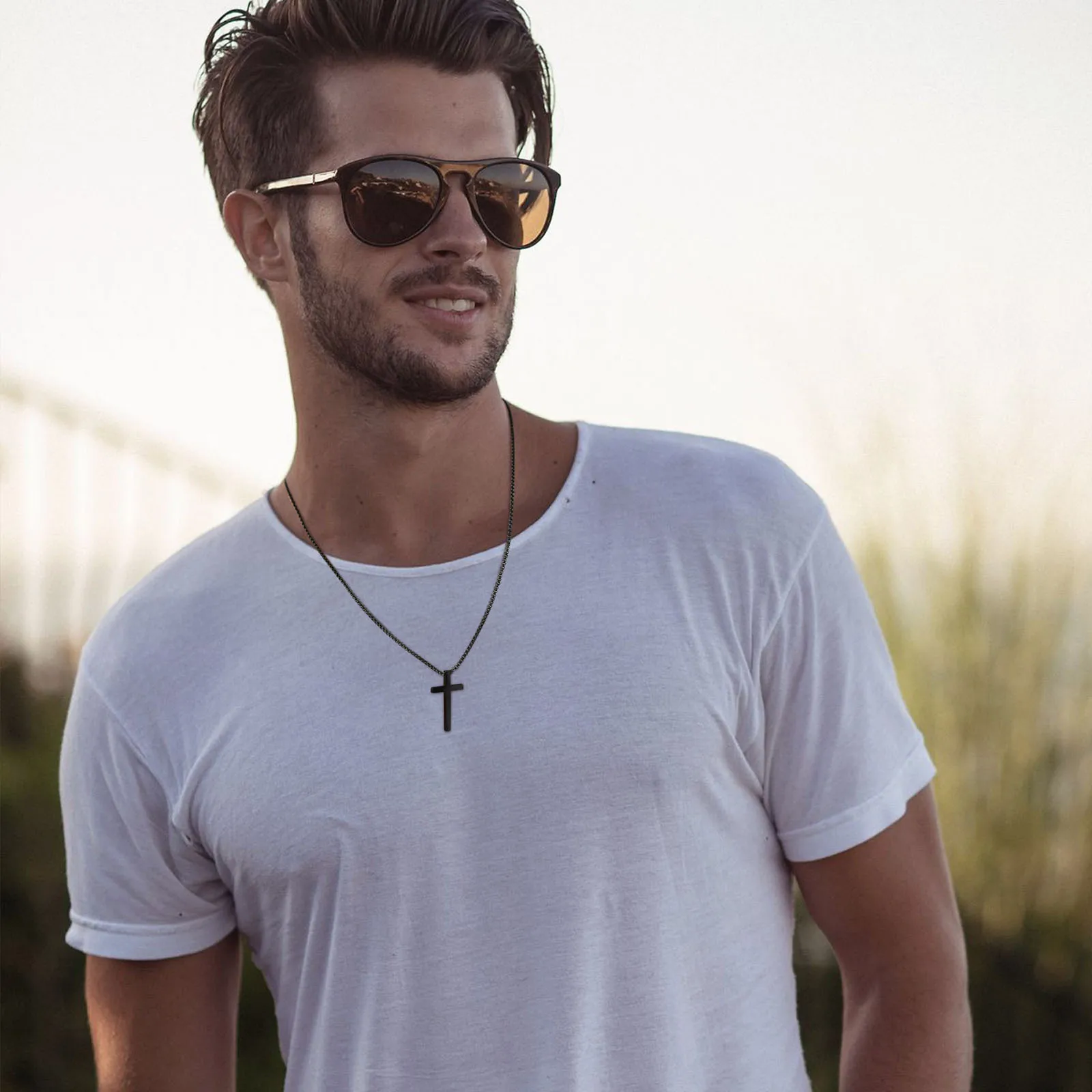 Vnox 45/50/60/70cm Length Box Chain Cross Pendant Necklaces for Men, Plain Black Silver Color Stainless Steel Cross Necklace