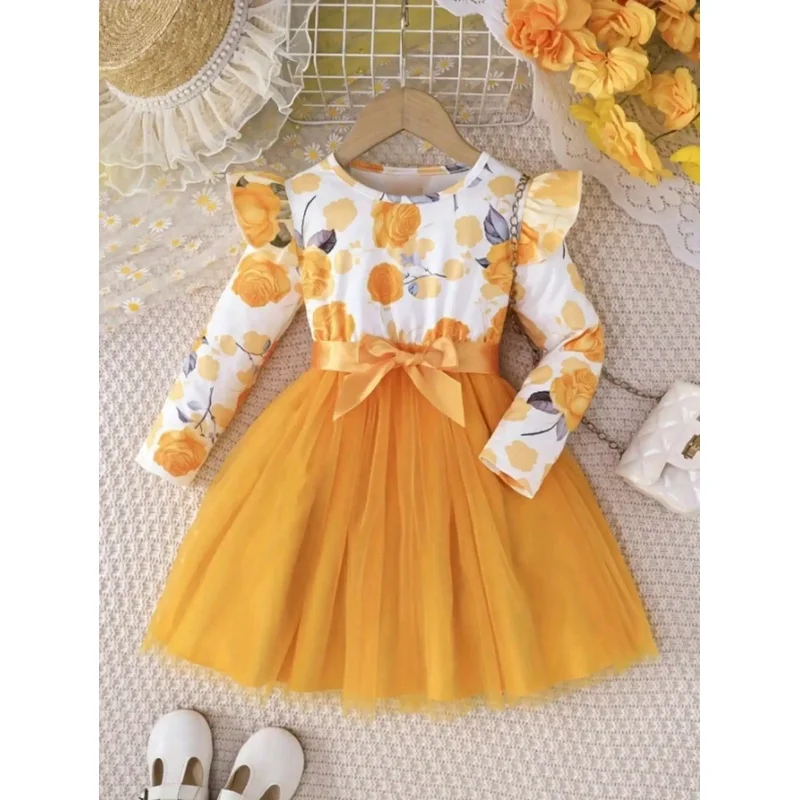 Children's Floral Print Sheer Long-Sleeved Dress with Waistband Casual Spring Autumn Trendy Style Girls Clothing