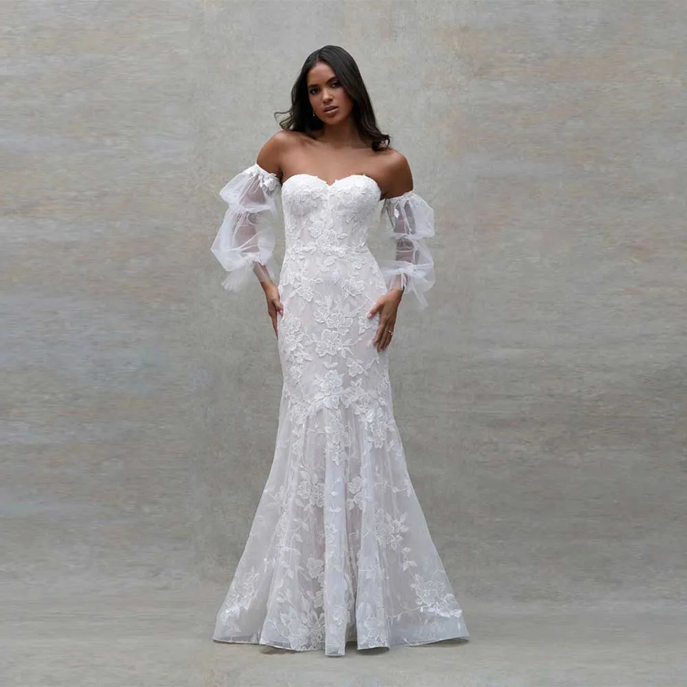 Personalizado querida sereia vestido de casamento de noiva graça fora do ombro renda applique vestido de casamento trem varredura vestidos de novia