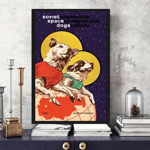 Lovely Soviet Space Dogs Vintage Poster CCCP Astronaut Dog Canvas Painting Wall Art Decoration
