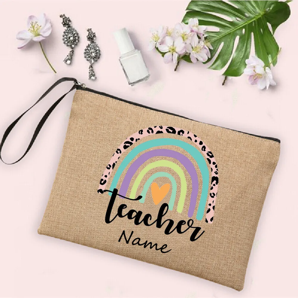 Rainbow Teacher Pencil Case Personalized Custom Name Linen Stationery Supplies Storage Bags Travel Neceser Makeup Bag Best Gifts