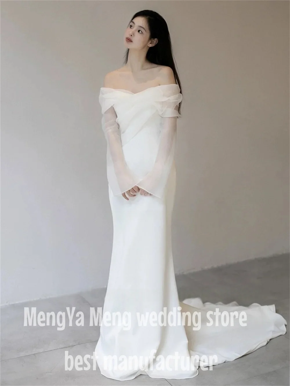 ZHUISHU One Shoulder Satin Light Wedding Dress with Simple and Slim Fit Sweet Long Sleeved Bride Evening Gown Vestidos De Novia