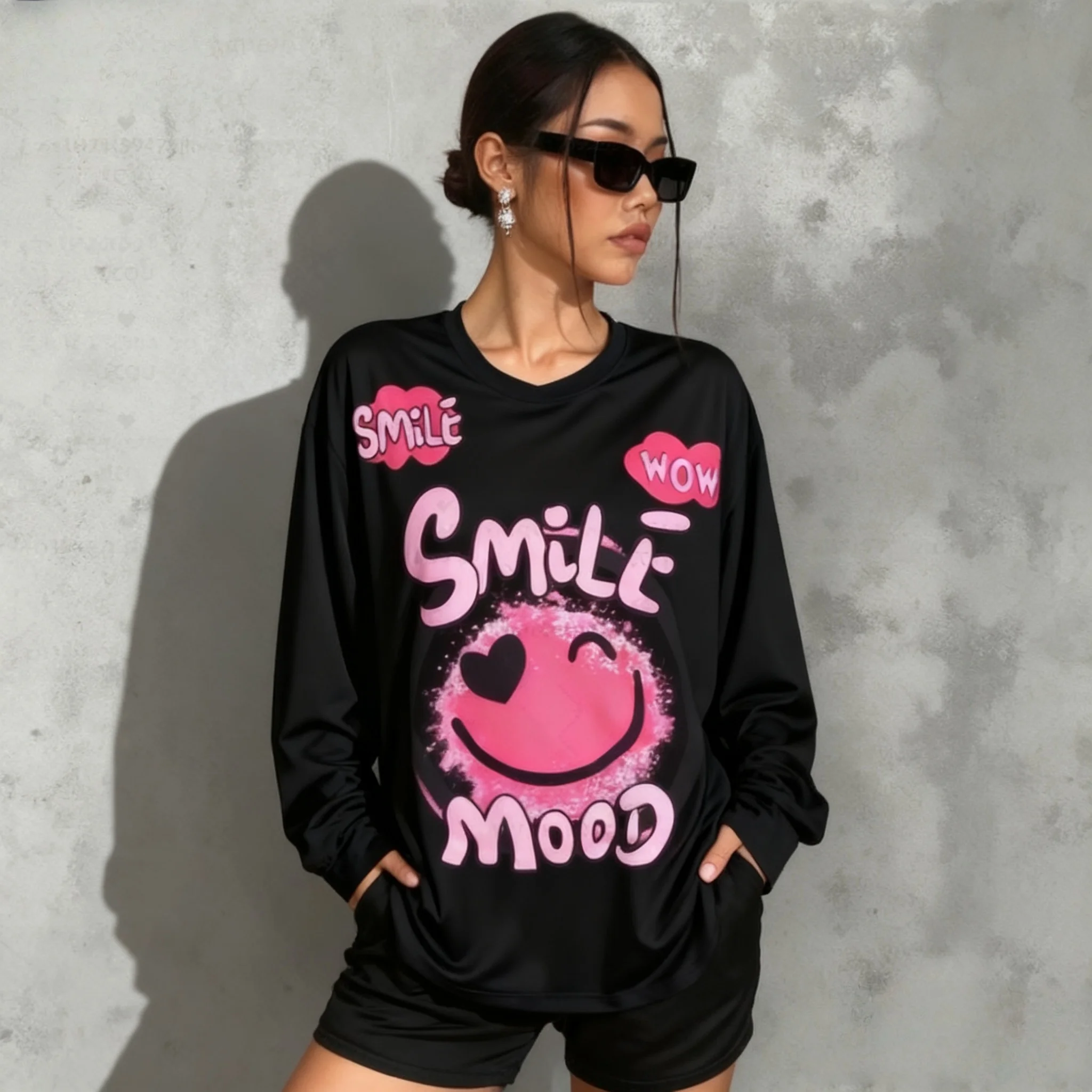 Primavera e autunno American Street Love Smile T-shirt a maniche lunghe Y2K da donna oversize D T-shirt sportiva di tendenza stampata
